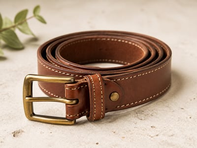 Coiled hand stitched leather belt with a brass buckle