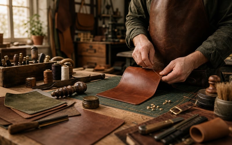 Maker stitching saddle leather at a warm workbench with hand tools