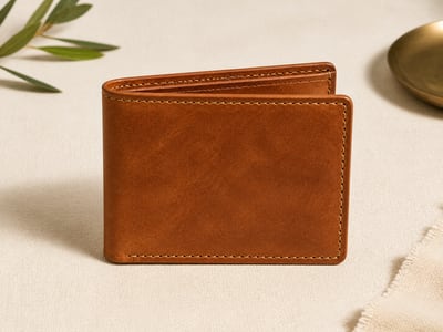 Oak leather bifold wallet on an ivory surface