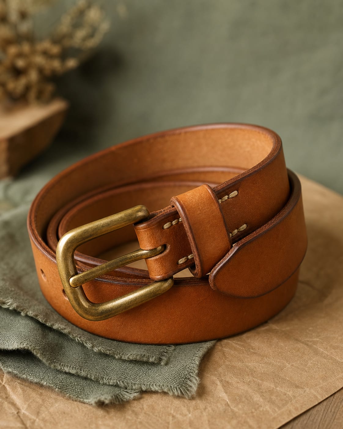 Coiled tan leather belt with antique brass buckle facing camera.