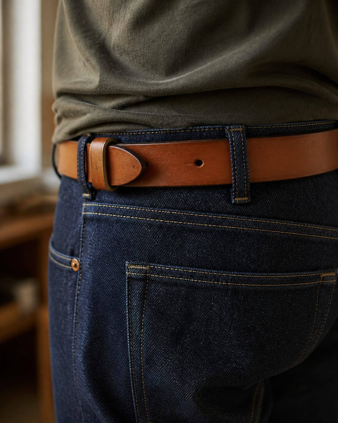 Made-to-measure leather belt worn through dark denim belt loops.
