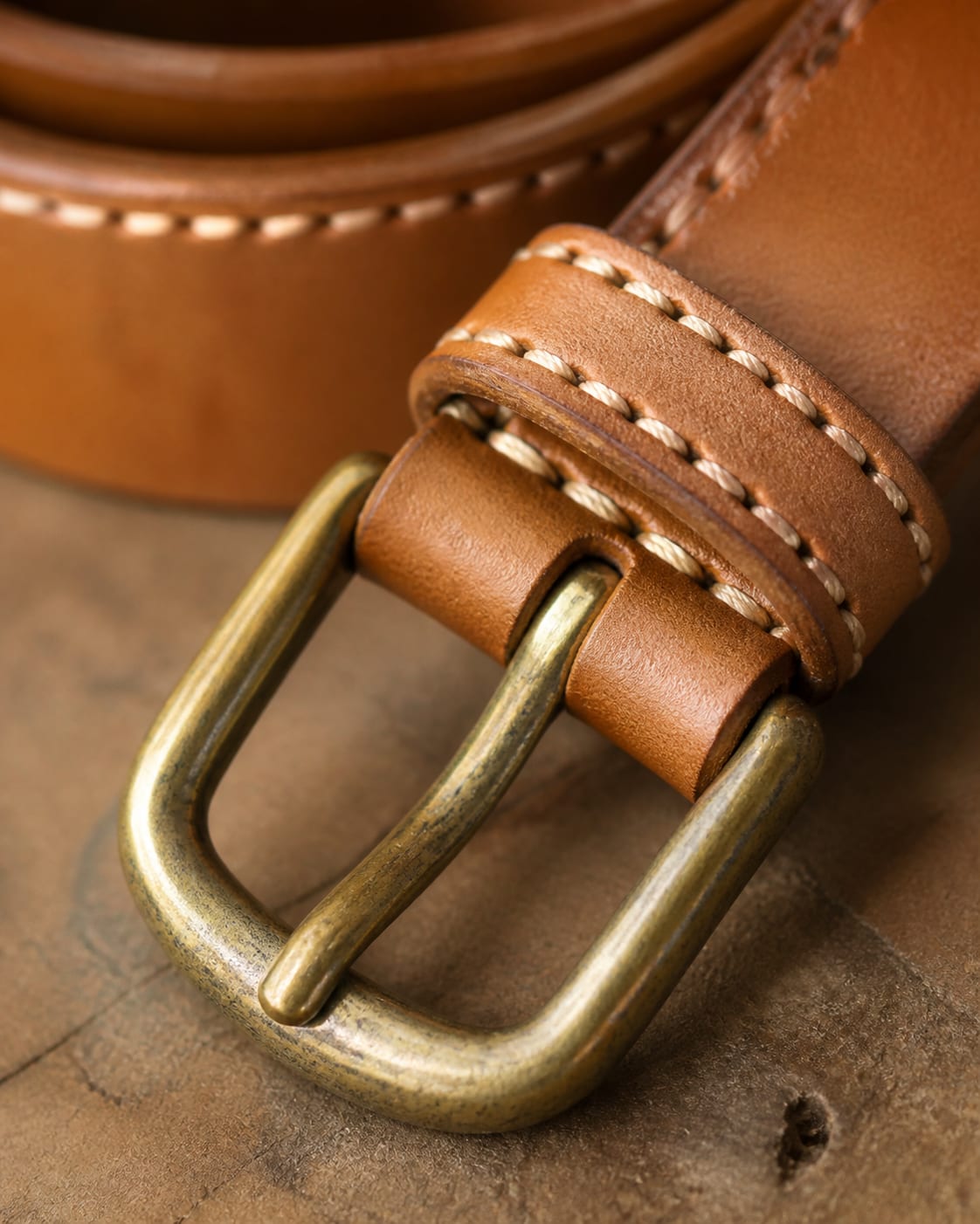 Close-up of antique brass belt buckle and hand-stitched keeper.