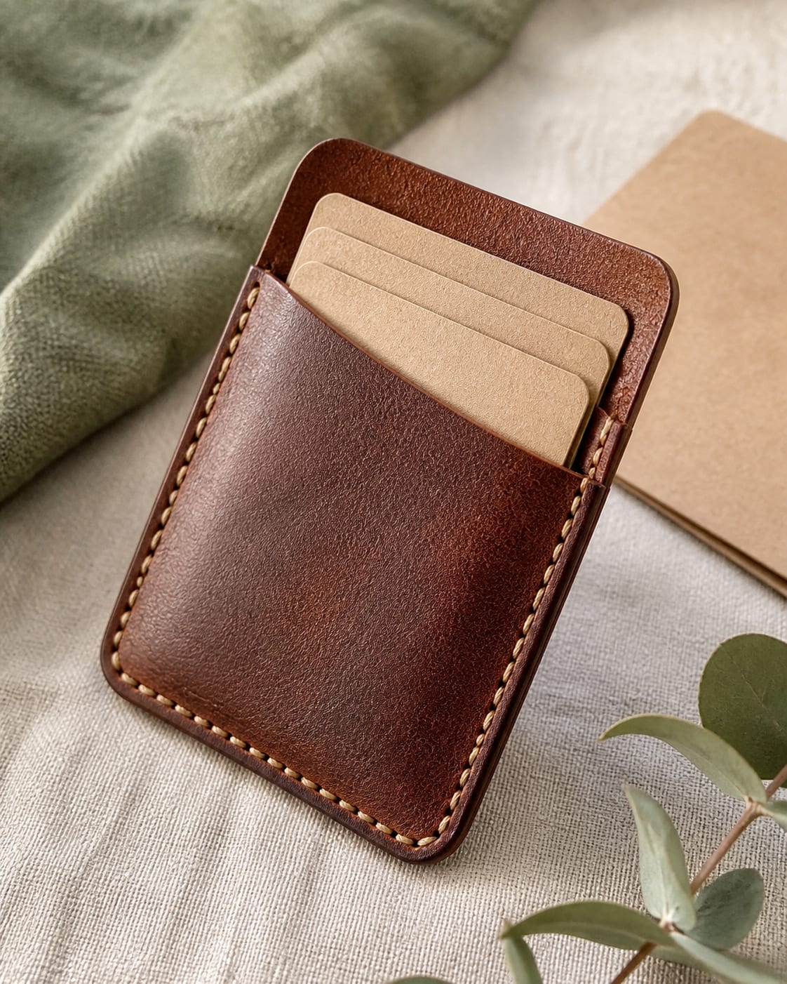 Slim leather card holder with blank cards partially inserted.