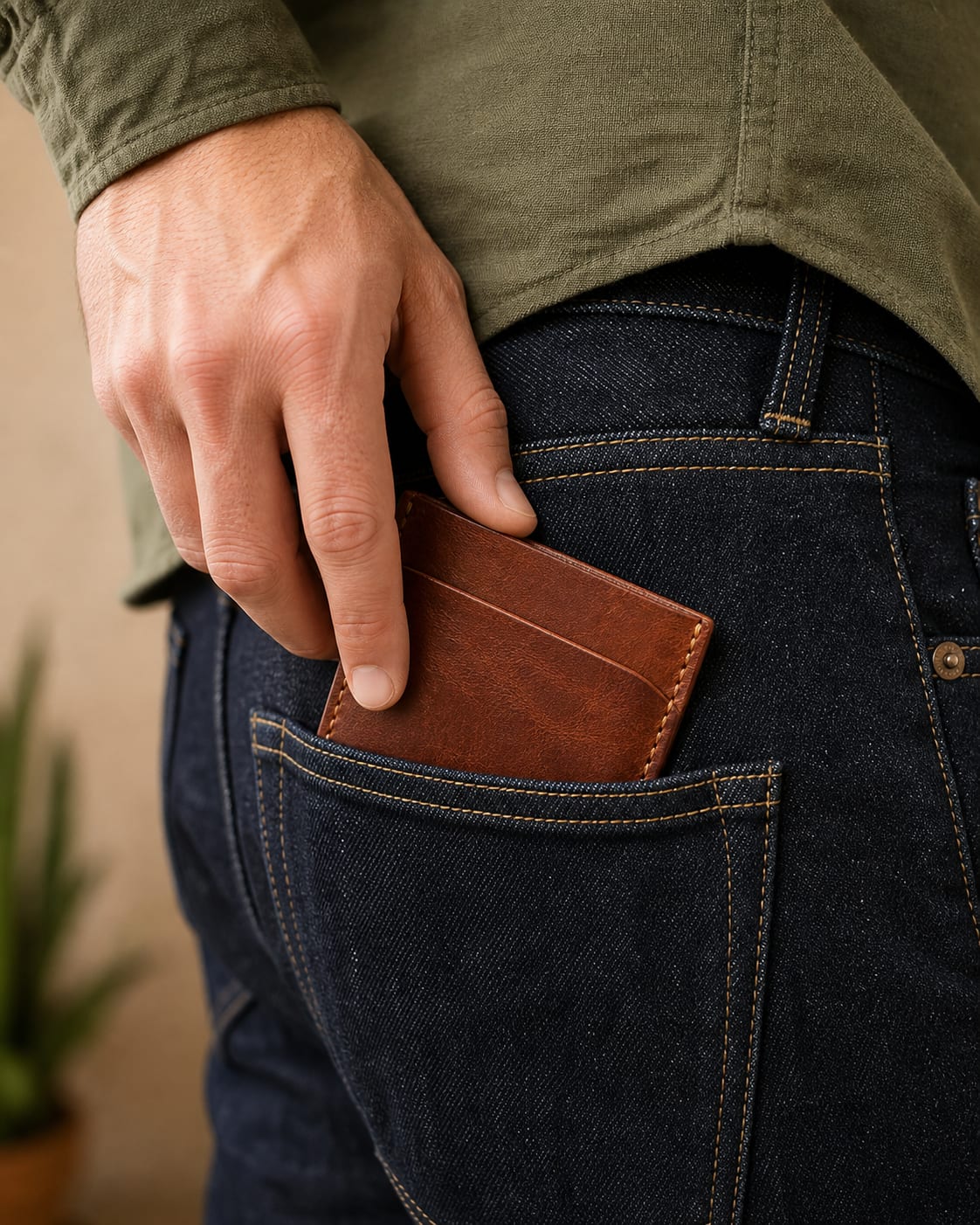 Chestnut card holder slipping into a denim pocket.