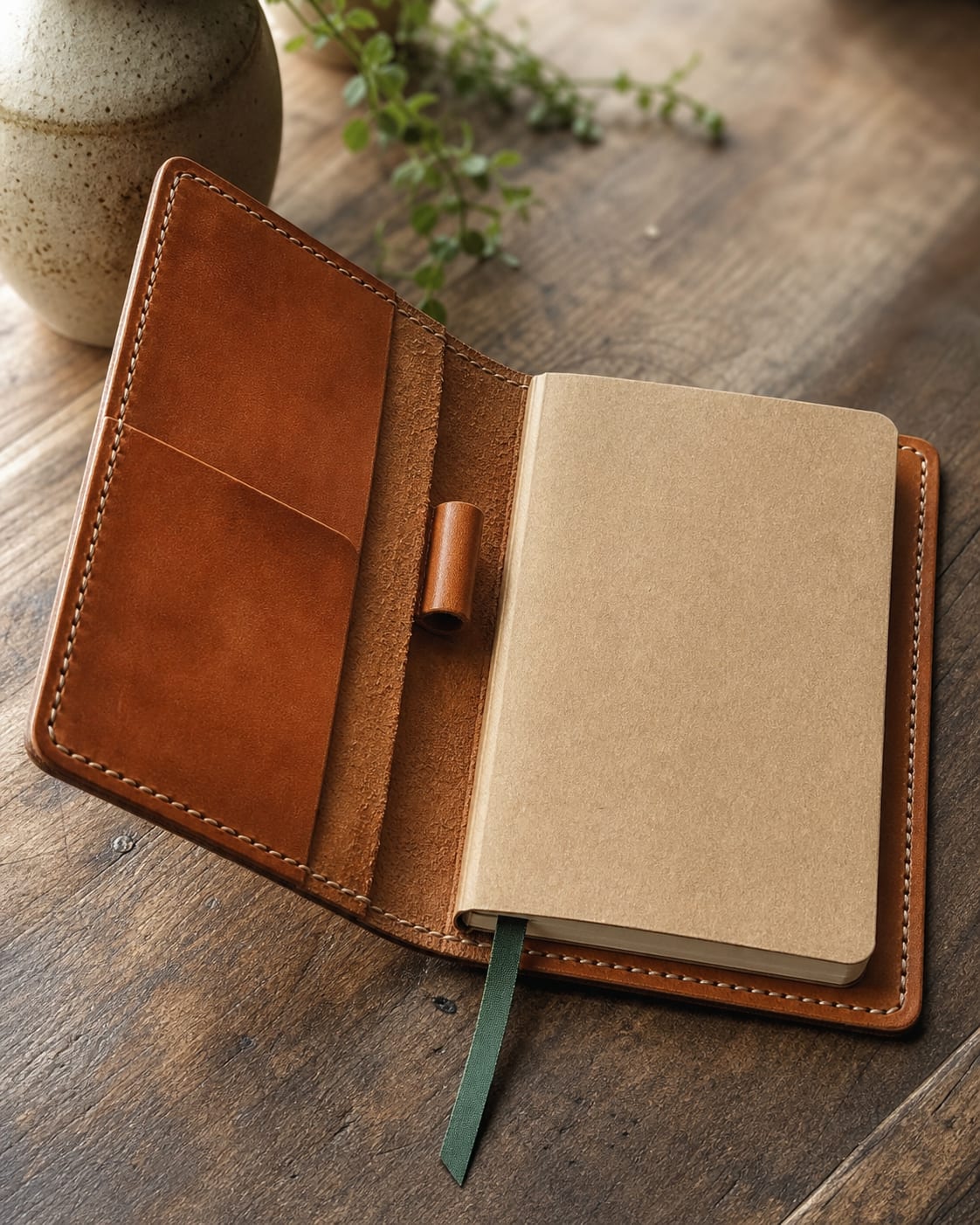 Open leather journal cover showing notebook insert and pen loop.