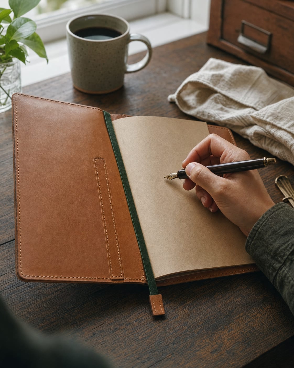 Leather journal cover in use with a hand writing on a blank page.