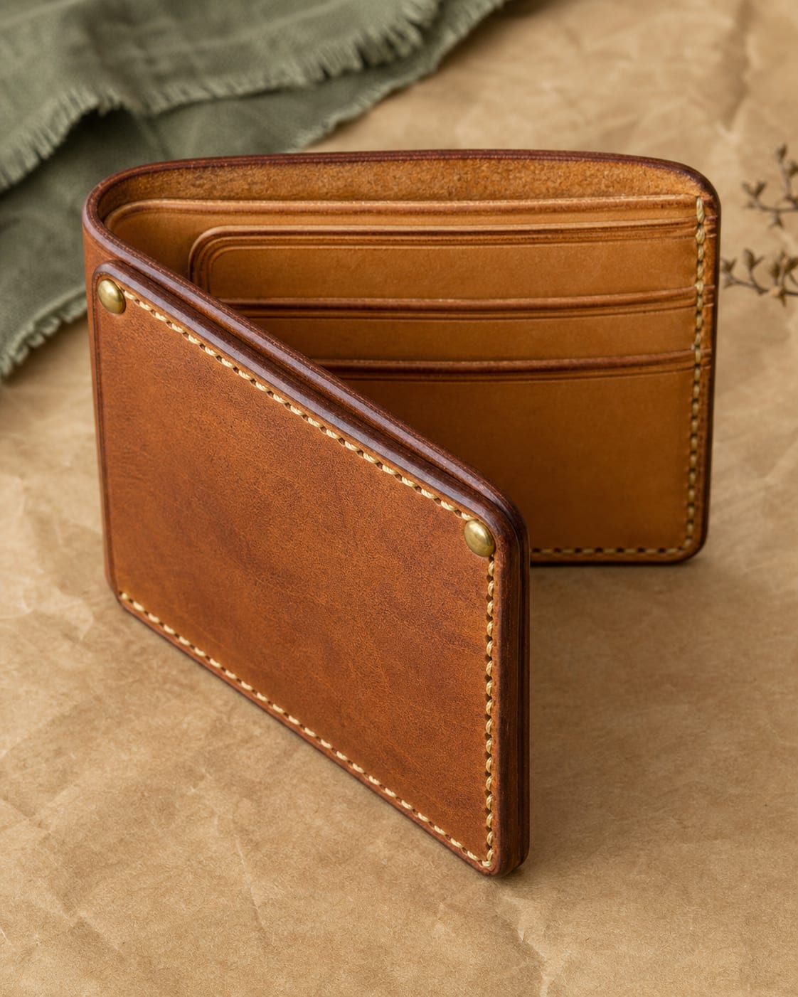 Open tan leather wallet showing card pockets and hand-stitched edges.