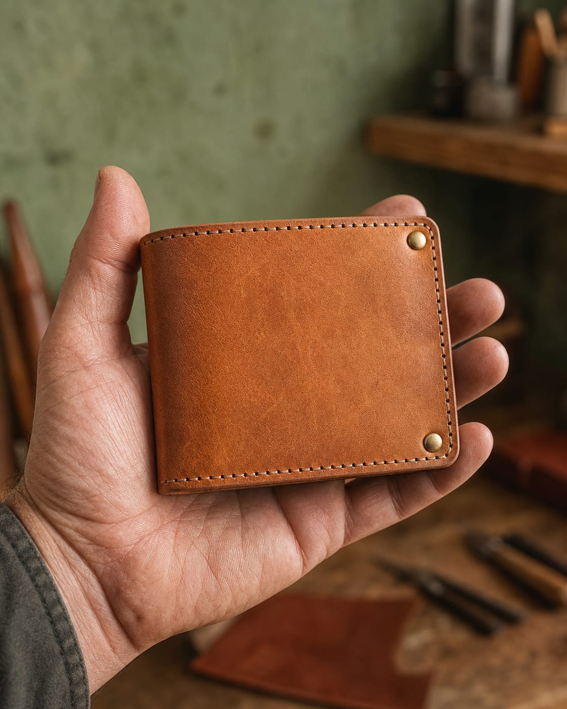 Tan leather wallet held in hand for scale.