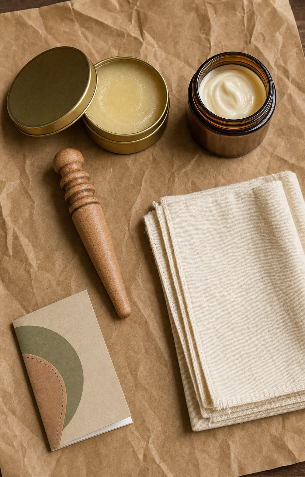 Leather care starter pack with saddle soap, conditioner, cloth, and slicker.