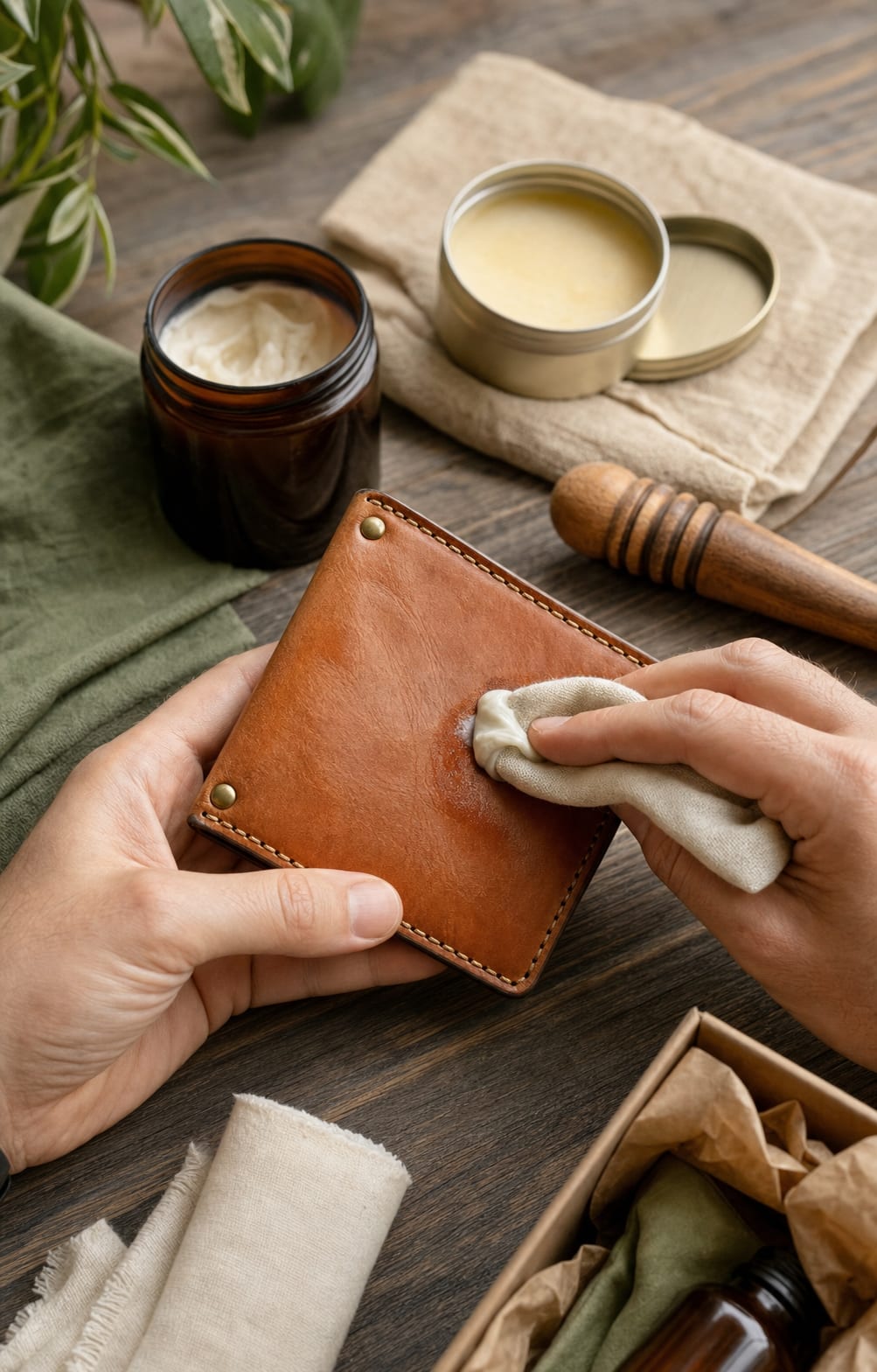 Hand applying conditioner to a tan leather wallet with cotton cloth.