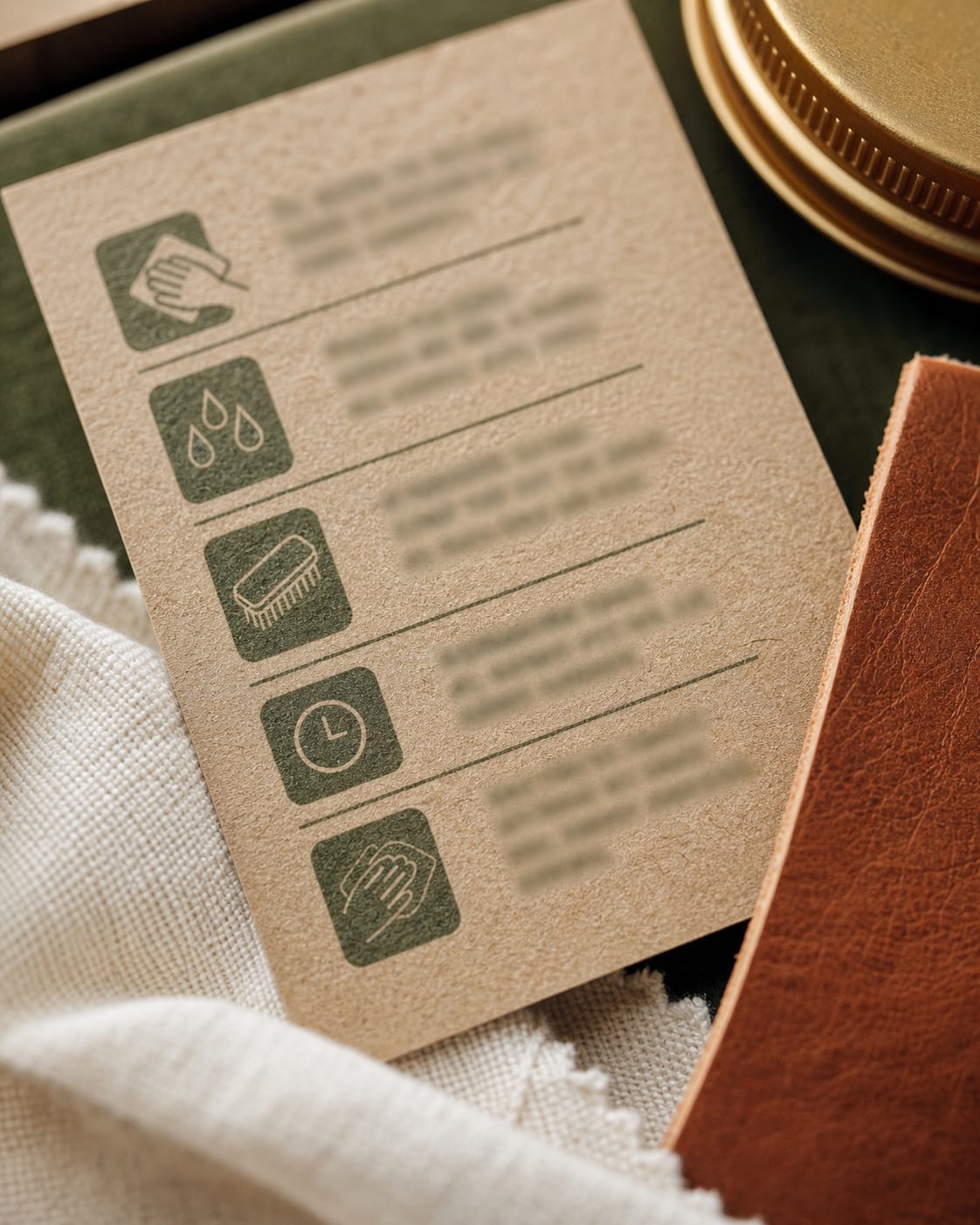 Close-up of kraft care guide card, cotton cloth, and leather sample.